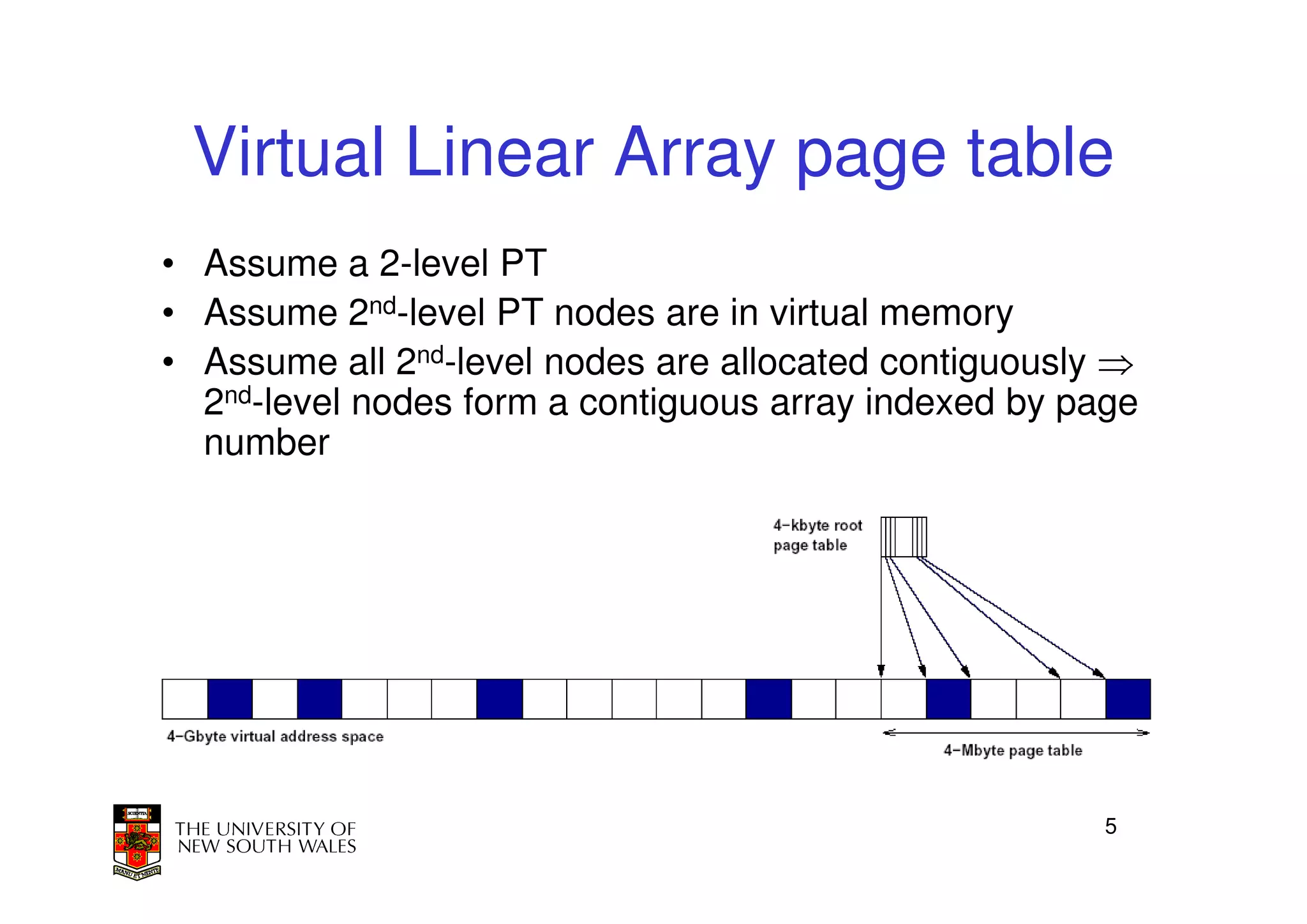 Virtual Linear Array page table
• Assume a 2-level PT
• Assume 2nd-level PT nodes are in virtual memory
• Assume all 2nd-level nodes are allocated contiguously ⇒
  2nd-level nodes form a contiguous array indexed by page
  number




                                                       5
 
