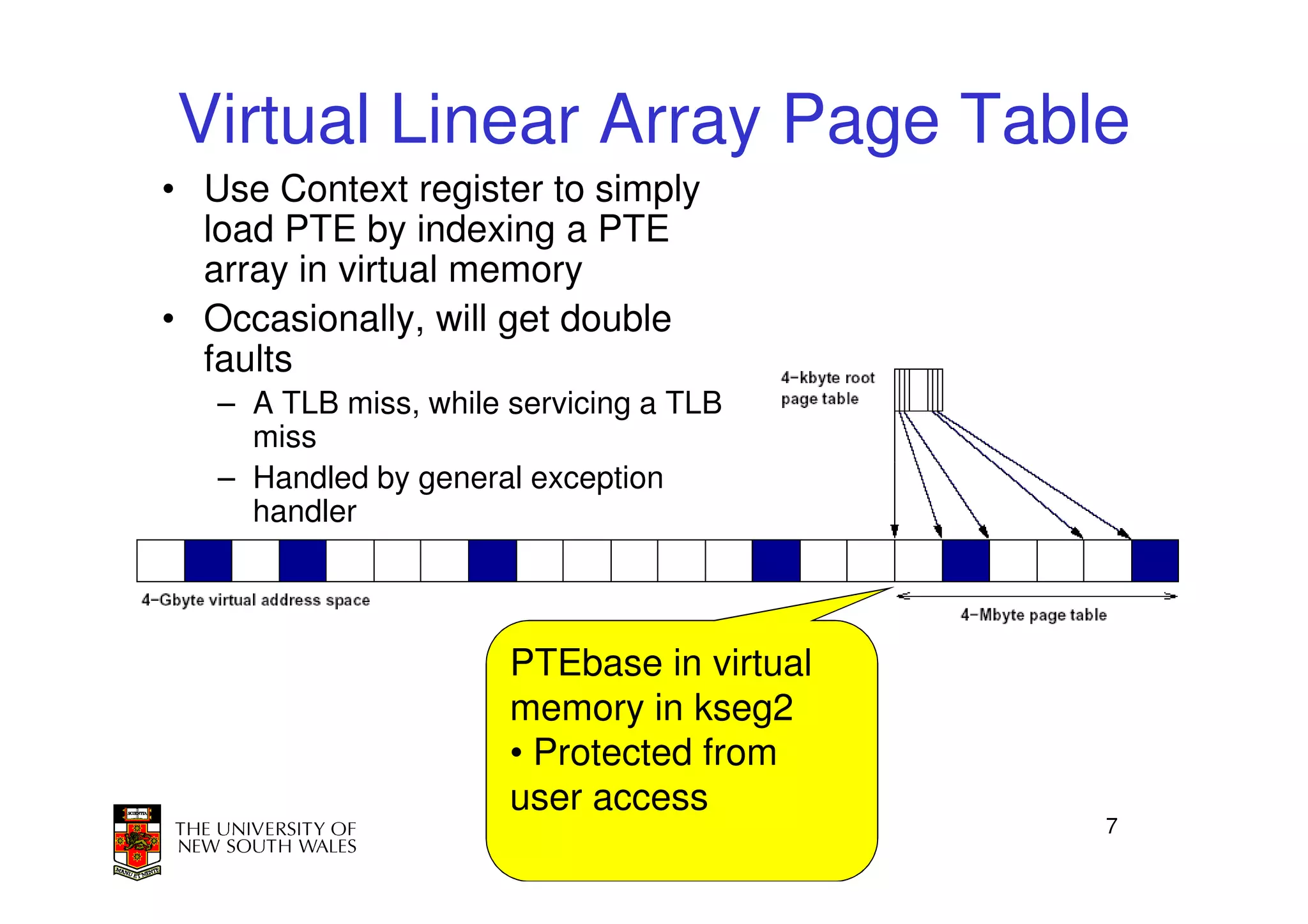 Virtual Linear Array Page Table
• Use Context register to simply
  load PTE by indexing a PTE
  array in virtual memory
• Occasionally, will get double
  faults
   – A TLB miss, while servicing a TLB
     miss
   – Handled by general exception
     handler



                       PTEbase in virtual
                       memory in kseg2
                       • Protected from
                       user access
                                            7
 