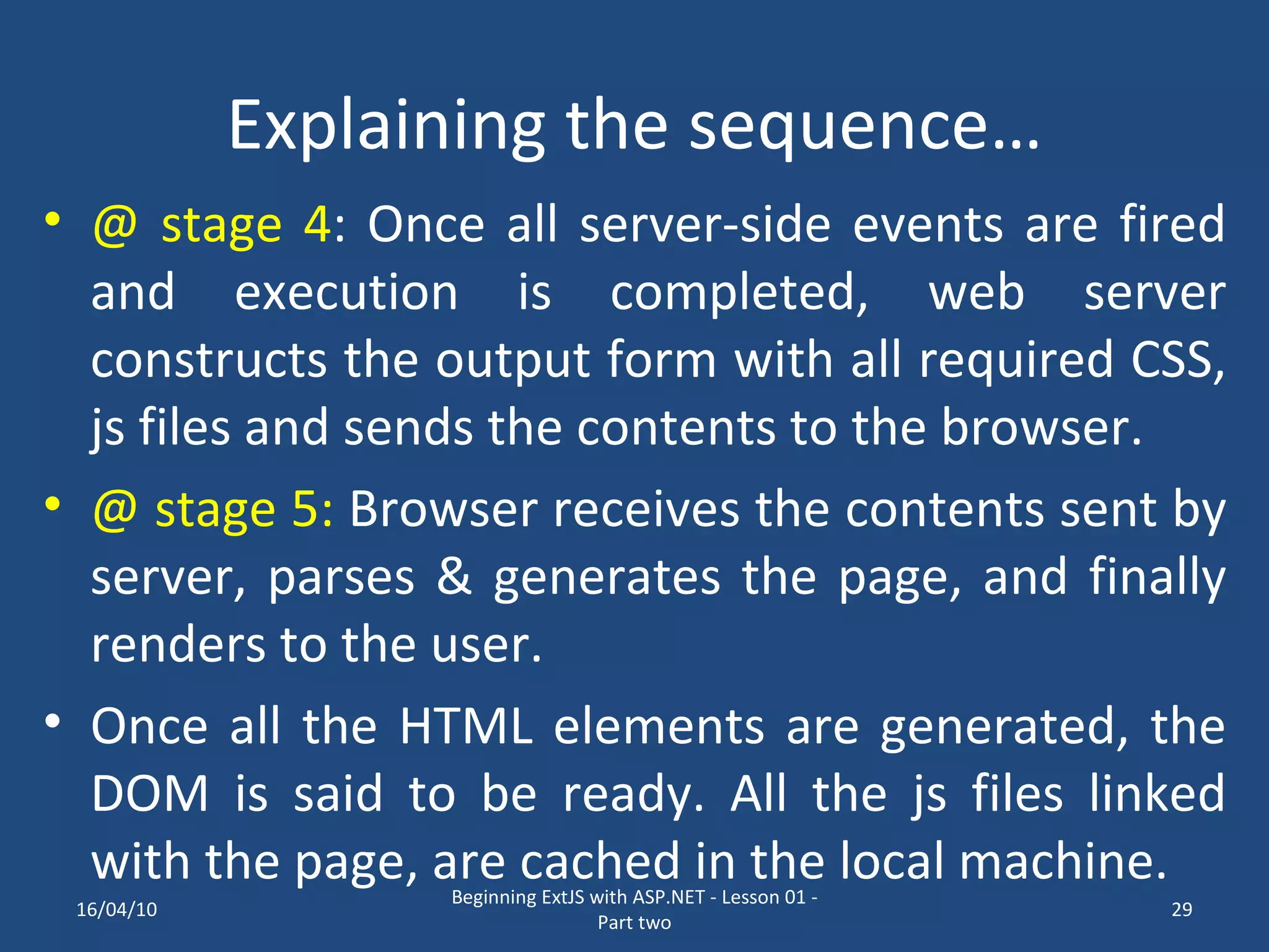 Explaining the sequence… @ stage 4 : Once all server-side events are fired and execution is completed, web server constructs the output form with all required CSS, js files and sends the contents to the browser. @ stage 5: Browser receives the contents sent by server, parses & generates the page, and finally renders to the user. Once all the HTML elements are generated, the DOM is said to be ready. All the js files linked with the page, are cached in the local machine. 16/04/10 Beginning ExtJS with ASP.NET - Lesson 01 - Part two 