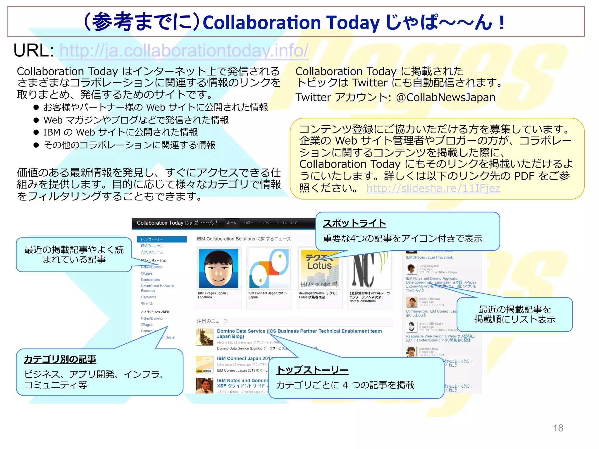 （参考までに）Collabora'on	
  Today	
  じゃぱ〜～〜～ん！
URL: http://ja.collaborationtoday.info/
Collaboration  Today  はインターネット上で発信される
さまざまなコラボレーションに関連する情報のリンクを
取りまとめ、発信するためのサイトです。
l  お客様やパートナー様の  Web  サイトに公開された情報
l  Web  マガジンやブログなどで発信された情報
l  IBM  の  Web  サイトに公開された情報
l  その他のコラボレーションに関連する情報

価値のある最新情報を発⾒見見し、すぐにアクセスできる仕
組みを提供します。⽬目的に応じて様々なカテゴリで情報
をフィルタリングすることもできます。

Collaboration  Today  に掲載された
トピックは  Twitter  にも⾃自動配信されます。
Twitter  アカウント:  @CollabNewsJapan
コンテンツ登録にご協⼒力力いただける⽅方を募集しています。
企業の  Web  サイト管理理者やブロガーの⽅方が、コラボレー
ションに関するコンテンツを掲載した際に、
Collaboration  Today  にもそのリンクを掲載いただけるよ
うにいたします。詳しくは以下のリンク先の  PDF  をご参
照ください。  http://slidesha.re/11IFjez
スポットライト

最近の掲載記事やよく読
まれている記事

重要な4つの記事をアイコン付きで表⽰示

最近の掲載記事を
掲載順にリスト表⽰示

カテゴリ別の記事
ビジネス、アプリ開発、インフラ、
コミュニティ等

トップストーリー
カテゴリごとに  4  つの記事を掲載

18

18

 