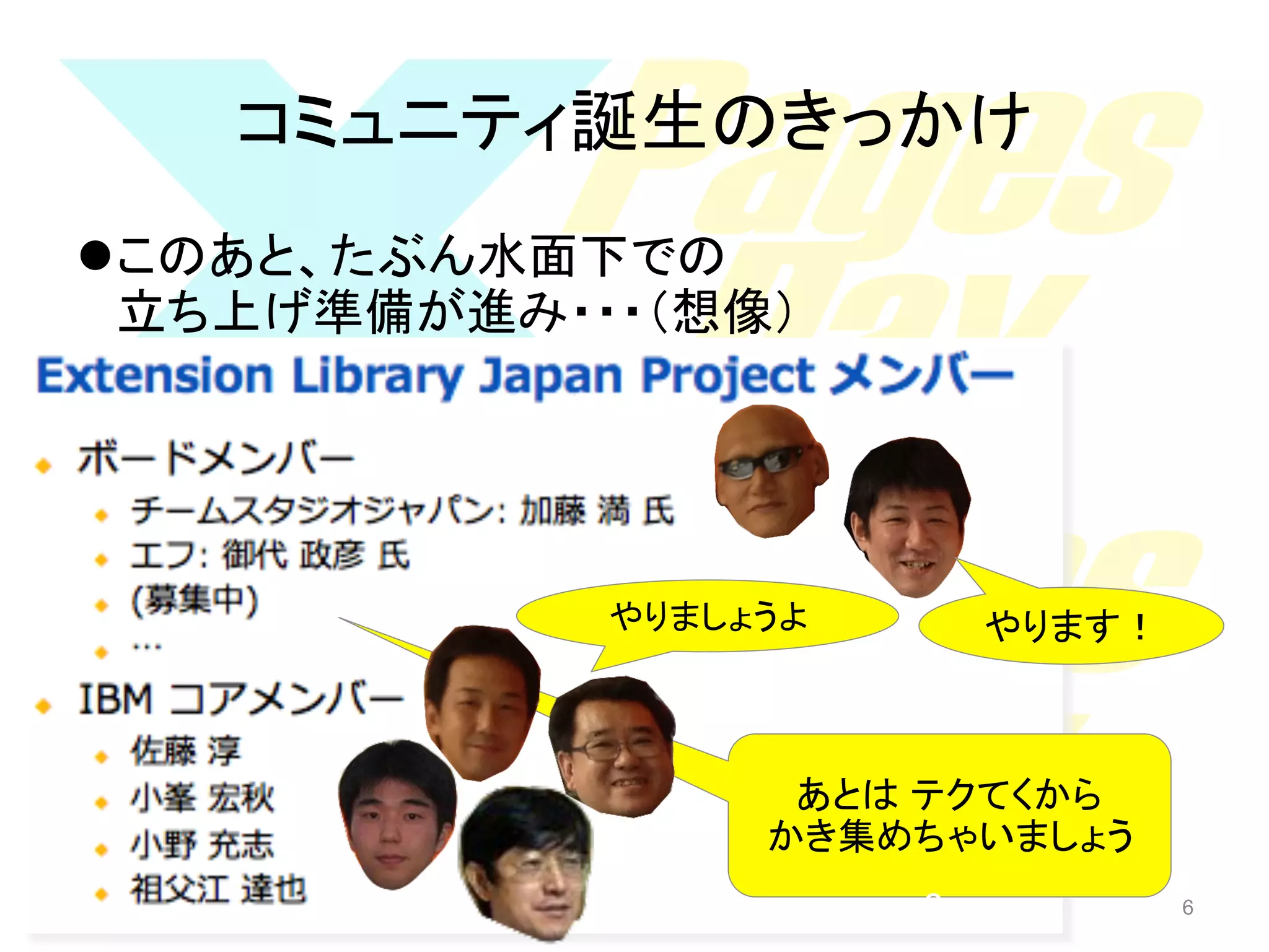コミュニティ誕生のきっかけ	
l このあと、たぶん水面下での
立ち上げ準備が進み・・・（想像）	
	

やりましょうよ	

やります！	

あとは テクてくから	
かき集めちゃいましょう	
6

6

 