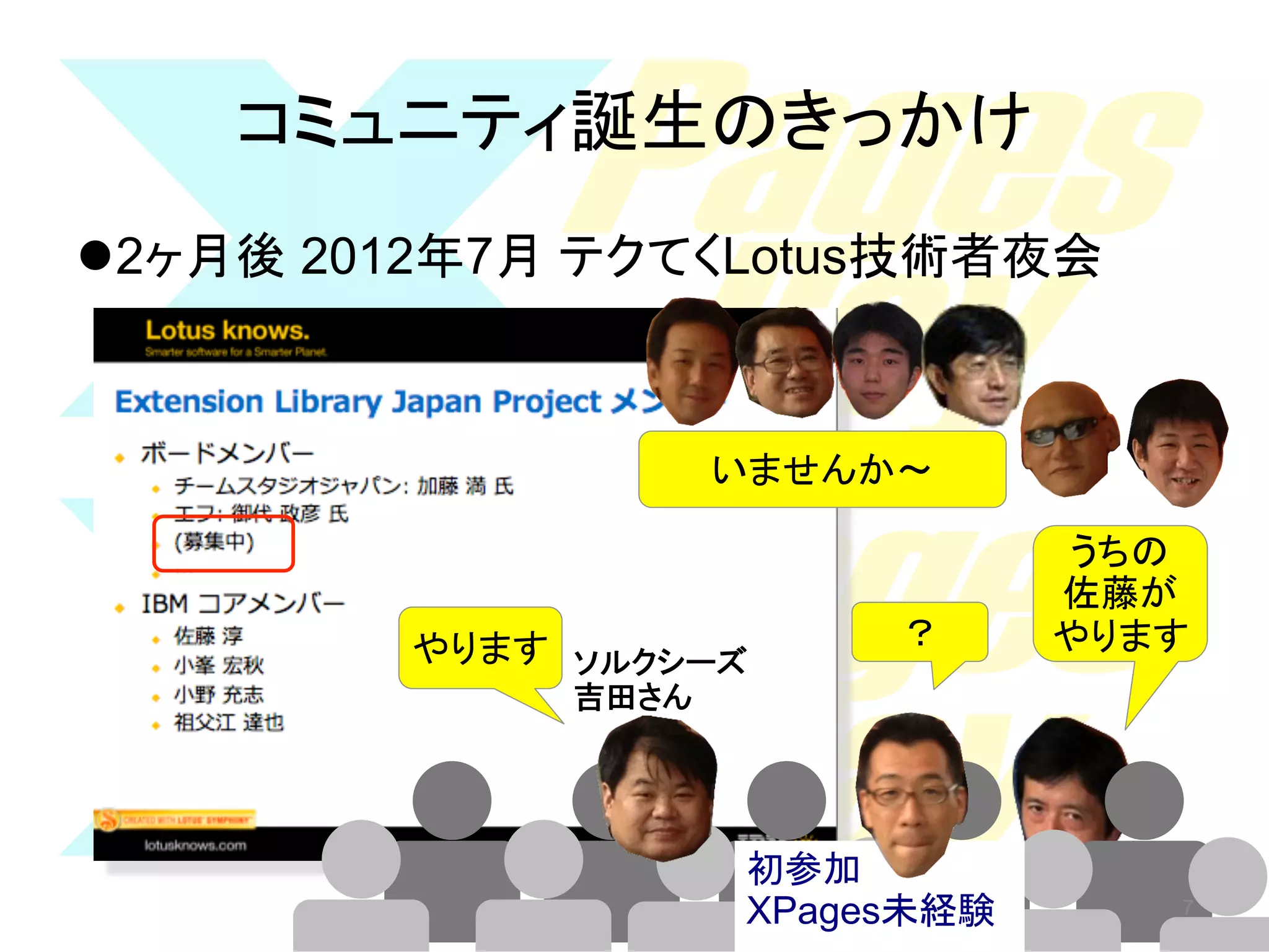 コミュニティ誕生のきっかけ	
l 2ヶ月後 2012年7月 テクてくLotus技術者夜会

いませんか〜	

やります	
 ソルクシーズ	

？	

うちの	
佐藤が	
やります	

吉田さん	

初参加	
XPages未経験	

7

 