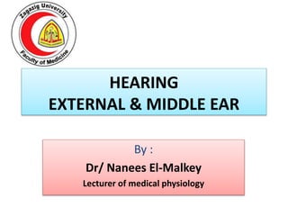 HEARING
EXTERNAL & MIDDLE EAR
By :
Dr/ Nanees El-Malkey
Lecturer of medical physiology
 
