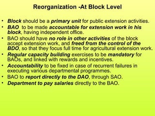 Reorganization -At Block Level
• Block should be a primary unit for public extension activities.
• BAO to be made accountable for extension work in his
block, having independent office.
• BAO should have no role in other activities of the block
accept extension work, and freed from the control of the
BDO, so that they focus full time for agricultural extension work.
• Regular capacity building exercises to be mandatory for
BAOs, and linked with rewards and incentives.
• Accountability to be fixed in case of recurrent failures in
executing various departmental programmes.
• BAO to report directly to the DAO, through SAO.
• Department to pay salaries directly to the BAO.
 