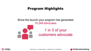 ©2014 Extole Inc., All Rights Reserved. PROPRIETARY / CONFIDENTIAL #referralmarketing
Program Highlights
Since the launch your program has generated
10,349 advocates
1 in 3 of your
customers advocate
 