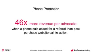 ©2014 Extole Inc., All Rights Reserved. PROPRIETARY / CONFIDENTIAL #referralmarketing
46x more revenue per advocate
when a phone sale asked for a referral than post purchase
website call-to-action
Phone Promotion
 