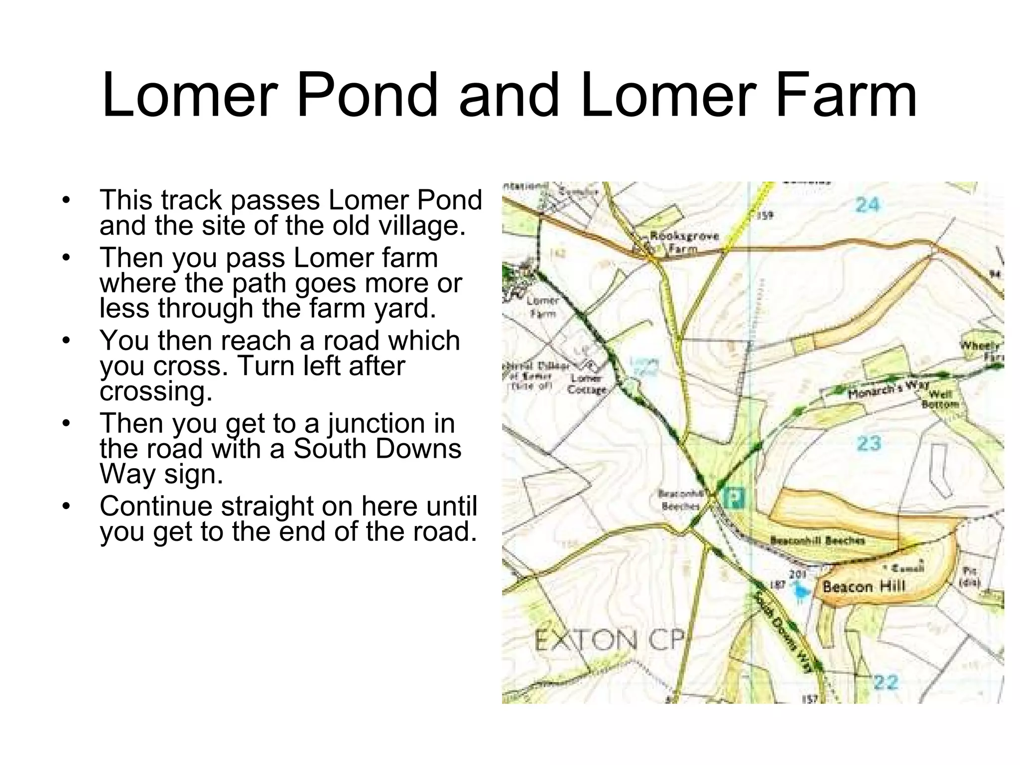 Lomer Pond and Lomer Farm This track passes Lomer Pond and the site of the old village. Then you pass Lomer farm where the path goes more or less through the farm yard. You then reach a road which you cross. Turn left after crossing.  Then you get to a junction in the road with a South Downs Way sign.  Continue straight on here until you get to the end of the road. 