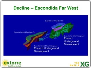 )



Decline – Escondida Far West

                                                 Escondida Far West Open Pit




Escondida Central & East Open Pit

                                                                               Escondida Far West Underground

                                                                               Phase I
                                                                               Underground
                                Escondida Central & East Underground
                                                                               Development
                                Phase II Underground
                                Development
 