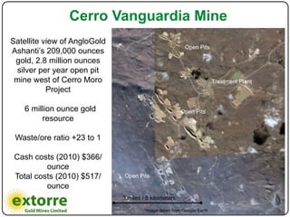 Cerro Vanguardia Mine
Satellite view of AngloGold
                                                         Open Pits
Ashanti’s 209,000 ounces
 gold, 2.8 million ounces
 silver per year open pit
 mine west of Cerro Moro                                               Treatment Plant
           Project

    6 million ounce gold                               Open Pits
         resource

 Waste/ore ratio +23 to 1

 Cash costs (2010) $366/
          ounce
 Total costs (2010) $517/     Open Pits
          ounce
                              3 miles / 5 kilometers

                                      *Image taken from Google Earth
 