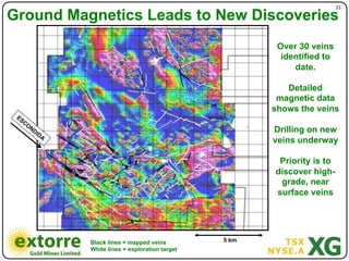 21"

Ground Magnetics Leads to New Discoveries
                                                        Over 30 veins
                                                         identified to
                                                            date.

                                                       Detailed
                                                     magnetic data
                                                    shows the veins

                                                    Drilling on new
                                                    veins underway

                                                         Priority is to
                                                        discover high-
                                                         grade, near
                                                        surface veins


                                                    "

          Black lines = mapped veins         5 km
          White lines = exploration target
 