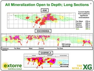 All Mineralization Open to Depth; Long Sections
                                                                                   22"



                                   ZOE
                                                                 Current depths
                                                                 from surface to
           MARTINA                                                  significant
                                                                  mineralization

                                                               Far West   270 m
                                                               Central    220 m
                                                  320 metres   Martina    290 m
                                                               Gabriela   320 m

                             ESCONDIDA




                                                 320 metres

Fomicruz   Far West   West    Central      Far East
Martina

                                GABRIELA




                                              320 metres
 