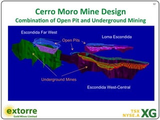 12"


         Cerro*Moro*Mine*Design*
Combina<on*of*Open*Pit*and*Underground*Mining*
  Escondida Far West
                                          Loma Escondida
                       Open Pits




            Underground Mines
                                   Escondida West-Central
 
