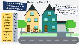 There is / There Are
house
bedroom
window
garage
garden
rose
living room
kitchen
attic
apartment
/Iz/
/z/
/s/
/Iz/
/z/
/Iz/
/z/
/z/
/s/
/s/
 