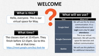 What is this?
WELCOME
Hello, everyone. This is our
virtual space for May.
Tools What is it?
Google Meet
We will use this for direct
communication. It’s a
videoconference tool.
Login every day for your
attendance.
Google Classroom
This is our virtual
classroom. We will use this
space for exercises and
indirect communication.
Quizizz
We will use this platform
for additional interaction.
What will we use?
The classes start at 10:45am. They
finish before 12:15pm. Go to this
link at that time:
https://meet.google.com/buj-ikvd-rke
What time?
 