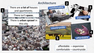 Architecture
There are a lot of houses
and apartments.
There is urban sprawl in
this city.
There isn’t space.
affordable – expensive
comfortable – countryside
1
2
3
4
5
 