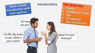 I’m OK. My name
is Juan. What is
your name?
Introductions
Hi! How
are you?
Hello! I’m fine!
And you?
 
