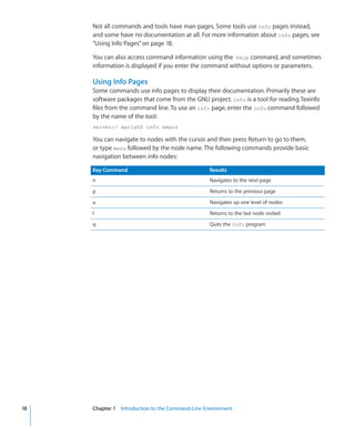 Not all commands and tools have man pages. Some tools use info pages instead,
           and some have no documentation at all. For more information about info pages, see
           “Using Info Pages” on page 18.

           You can also access command information using the help command, and sometimes
           information is displayed if you enter the command without options or parameters.

           Using Info Pages
           Some commands use info pages to display their documentation. Primarily these are
           software packages that come from the GNU project. info is a tool for reading Texinfo
           files from the command line. To use an info page, enter the info command followed
           by the name of the tool:
           server:/ mariah$ info emacs

           You can navigate to nodes with the cursor and then press Return to go to them,
           or type menu followed by the node name. The following commands provide basic
           navigation between info nodes:

           Key Command                                    Results
           n                                              Navigates to the next page
           p                                              Returns to the previous page
           u                                              Navigates up one level of nodes
           l                                              Returns to the last node visited
           q                                              Quits the info program




	   18		   Chapter 1    Introduction to the Command-Line Environment
 
