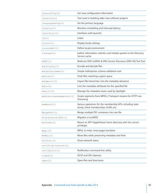 javaconfig(1)                   Get Java configuration information
    javatool(1)                     Tool used in building older Java software projects
    languagesetup(1)                Set the primary language
    latency(1)                      Monitors scheduling and interrupt latency
    launchctl(1)                    Interfaces with launchd
    ld(1)                           Linker
    locale(1)                       Display locale settings
    localedef(1)                    Define locale environment
    lookupd(1)                      Gather information, statistics and initiate queries to the Directory
                                    Service cache
    mDNS(1)                         Multicast DNS (mDNS)  DNS Service Discovery (DNS-SD) Test Tool
    macbinary(1)                    Encode and decode files
    mdcheckschema(1)                Simple mdimporter schema validation tool
    mdfind(1)                       Finds files matching a given query
    mdimport(1)                     Import file hierarchies into the metadata datastore
    mdls(1)                         Lists the metadata attributes for the specified file
    mdutil(1)                       Manage the metadata stores used by Spotlight
    mediastreamsegmenter(1)         Create segments from MPEG-2 Transport streams for HTTP Live
                                    Streaming
    memberd(1)                      Various operations for the membership APIs, including state
                                    dump, check memberships, UUIDs, etc.
    MergePef(1)                     Merge multiple PEF containers into one file
    migrateLocalKDC(1)              Migrates a LocalKDC
    mnthome(1)                      Mount an AFP (AppleShare) home directory with the correct
                                    privileges
    mpgl(1)                         MPGL to mdoc (man page) translator
    MvMac(1)                        Move files while preserving metadata and forks
    netstat(1)                      Show network status
    notificationconf(1)

    notifyutil(1)                   Notification command line utility
    ocspd(1)                        OCSP and CRL Daemon
    open(1)                         Open files and directories




	   Appendix    Command-Line Tools Specific to Mac OS X	                                                   47
 
