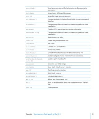 securityd(1)                    Security context daemon for Authorization and cryptographic
                                    operations
    SetFile(1)                      Set attributes of files and directories
    sips(1)                         Scriptable image processing system
    SplitForks(1)                   Divide a two-fork HFS file into AppleDouble format resource and
                                    data files
    stackshot(1)                    Capture user and kernel space stack traces, using a kernel stack
                                    trace facility
    sw_vers(1)                      Print Mac OS X operating system version information
    symstacks.rb(1)                 Capture user and kernel space stack traces, using a kernel stack
                                    trace facility
    syslog(1)                       Apple System Log utility
    tconf(1)                        TargetConfig command line tool
    textutil(1)                     Text utility
    tiff2icns(1)                    Converts TIFF to icns format
    tiffutil(1)                     Manipulates tiff files
    UnRezWack(1)                    Split a RezWack file into separate data and resource files
    unwinddump(1)                   Displays compact unwind information in an executable
    update_dyld_shared_             Updates dyld’s shared cache
    cache(1)

    uuidgen(1)                      Generates new UUID strings
    vm_stat(1)                      Show Mach virtual memory statistics
    wai(1)                          Wait for process termination
    xcodebuild(1)                   Build Xcode projects
    xcodeindex(1)                   Indexes Xcode projects
    xgrid(1)                        Submit and monitor xgrid jobs
    xm(1)                           Script to get information about the installed version of GNOME-
                                    XML
    yacc(1)                         Parser generator




	   Appendix    Command-Line Tools Specific to Mac OS X	                                               49
 