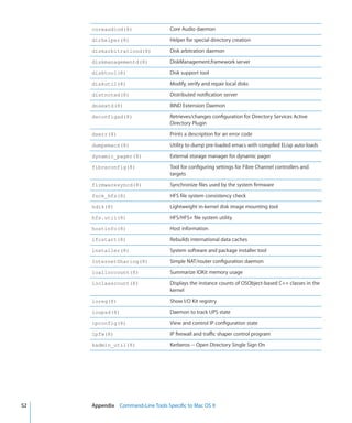 coreaudiod(8)                   Core Audio daemon
           dirhelper(8)                    Helper for special directory creation
           diskarbitrationd(8)             Disk arbitration daemon
           diskmanagementd(8)              DiskManagement.framework server
           disktool(8)                     Disk support tool
           diskutil(8)                     Modify, verify and repair local disks
           distnoted(8)                    Distributed notification server
           dnsextd(8)                      BIND Extension Daemon
           dsconfigad(8)                   Retrieves/changes configuration for Directory Services Active
                                           Directory Plugin
           dserr(8)                        Prints a description for an error code
           dumpemacs(8)                    Utility to dump pre-loaded emacs with compiled ELisp auto-loads
           dynamic_pager(8)                External storage manager for dynamic pager
           fibreconfig(8)                  Tool for configuring settings for Fibre Channel controllers and
                                           targets
           firmwaresyncd(8)                Synchronize files used by the system firmware
           fsck_hfs(8)                     HFS file system consistency check
           hdik(8)                         Lightweight in-kernel disk image mounting tool
           hfs.util(8)                     HFS/HFS+ file system utility
           hostinfo(8)                     Host information
           ifcstart(8)                     Rebuilds international data caches
           installer(8)                    System software and package installer tool
           InternetSharing(8)              Simple NAT/router configuration daemon
           ioalloccount(8)                 Summarize IOKit memory usage
           ioclasscount(8)                 Displays the instance counts of OSObject-based C++ classes in the
                                           kernel
           ioreg(8)                        Show I/O Kit registry
           ioupsd(8)                       Daemon to track UPS state
           ipconfig(8)                     View and control IP configuration state
           ipfw(8)                         IP firewall and traffic shaper control program
           kadmin_util(8)                  Kerberos -- Open Directory Single Sign On




	   52		   Appendix    Command-Line Tools Specific to Mac OS X
 