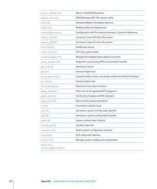 mount_webdav(8)                 Mount a WebDAV filesystem
           msdos.util(8)                   DOS/Windows (FAT) file system utility
           natd(8)                         Network Address Translation daemon
           nbdst(8)                        NetBoot deferred shadow tool
           networksetup(8)                 Configuration tool for network settings in System Preferences
           newfs_hfs(8)                    Construct a new HFS Plus file system
           newfs_hfs(8)                    Construct a new HFS Plus file system
           notifyd(8)                      Notification server
           ntfs.util(8)                    NTFS file system utility
           ntpd-wrapper(8)                 Wrapper for ntpdate/ntpd called by launchd
           path_helper(8)                  Helper for constructing PATH environment variable
           pboard(8)                       Pasteboard server
           pbs(8)                          General helper tool
           pcastagentd(8)                  Captures video, screen, and audio content for Podcast Producer
           pictd(8)                        General helper tool
           PlistBuddy(8)                   Read and write values to plists
           pmap_dump(8)                    Print a list of all registered RPC programs
           pmap_set(8)                     Set the list of registered RPC programs
           pwpolicy(8)                     Gets and sets password policies
           rc(8)                           Command script for boot
           sa1(8)                          Generate a system activity daily data file
           sa2(8)                          Generate a system activity daily data file
           sadc(8)                         System activity data collector
           sandboxd(8)                     Sandbox daemon
           scselect(8)                     Select system configuration location
           scsid(8)                        SCSI subsystem daemon
           scutil(8)                       Manage system configuration parameters
           security_
           authtrampoline(8)




	   54		   Appendix    Command-Line Tools Specific to Mac OS X
 