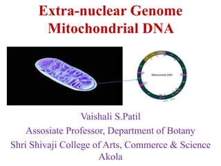 Extra-nuclear Genome
Mitochondrial DNA
Vaishali S.Patil
Assosiate Professor, Department of Botany
Shri Shivaji College of Arts, Commerce & Science
Akola
 