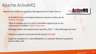 www.extrasrl.it
Apache ActiveMQ
23
ActiveMQ fornisce un'implementazione robusta e veloce per le
code di messaggi
Apache ActiveMQ è un popolare Messaging Service Open Source
Oltre al modello point-to-point, ActiveMQ supporta per le sue
code anche il modello Publish-Subscribe.
Message broker che implementa la specifica JMS 1.1 (Java Message Service)
Utilizza un gestore di persistenza file-based (KahaDB)
Supporta installazioni in alta affidabilità e lo standard JMX per la gestione
remota delle code
 