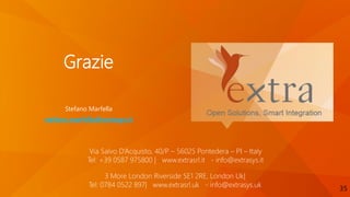 3 More London Riverside SE1 2RE, London Uk|
Tel: 0784 0522 897| www.extrasrl.uk - info@extrasys.uk
Via Salvo D’Acquisto, 40/P – 56025 Pontedera – PI – Italy
Tel: +39 0587 975800 | www.extrasrl.it - info@extrasys.it
Grazie
Stefano Marfella
stefano.marfella@extrasys.it
35
 