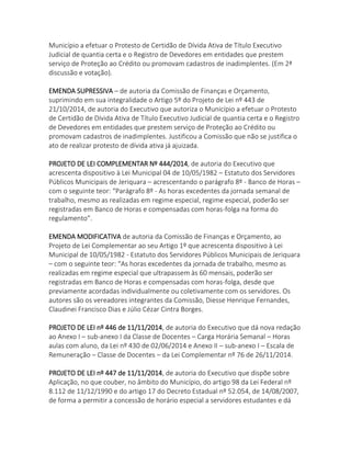 Município a efetuar o Protesto de Certidão de Dívida Ativa de Título Executivo Judicial de quantia certa e o Registro de Devedores em entidades que prestem serviço de Proteção ao Crédito ou promovam cadastros de inadimplentes. (Em 2ª discussão e votação). 
EMENDA SUPRESSIVA – de autoria da Comissão de Finanças e Orçamento, suprimindo em sua integralidade o Artigo 5º do Projeto de Lei nº 443 de 21/10/2014, de autoria do Executivo que autoriza o Município a efetuar o Protesto de Certidão de Dívida Ativa de Título Executivo Judicial de quantia certa e o Registro de Devedores em entidades que prestem serviço de Proteção ao Crédito ou promovam cadastros de inadimplentes. Justificou a Comissão que não se justifica o ato de realizar protesto de dívida ativa já ajuizada. 
PROJETO DE LEI COMPLEMENTAR Nº 444/2014, de autoria do Executivo que acrescenta dispositivo à Lei Municipal 04 de 10/05/1982 – Estatuto dos Servidores Públicos Municipais de Jeriquara – acrescentando o parágrafo 8º - Banco de Horas – com o seguinte teor: “Parágrafo 8º - As horas excedentes da jornada semanal de trabalho, mesmo as realizadas em regime especial, regime especial, poderão ser registradas em Banco de Horas e compensadas com horas-folga na forma do regulamento”. 
EMENDA MODIFICATIVA de autoria da Comissão de Finanças e Orçamento, ao Projeto de Lei Complementar ao seu Artigo 1º que acrescenta dispositivo à Lei Municipal de 10/05/1982 - Estatuto dos Servidores Públicos Municipais de Jeriquara – com o seguinte teor: “As horas excedentes da jornada de trabalho, mesmo as realizadas em regime especial que ultrapassem às 60 mensais, poderão ser registradas em Banco de Horas e compensadas com horas-folga, desde que previamente acordadas individualmente ou coletivamente com os servidores. Os autores são os vereadores integrantes da Comissão, Diesse Henrique Fernandes, Claudinei Francisco Dias e Júlio Cézar Cintra Borges. 
PROJETO DE LEI nº 446 de 11/11/2014, de autoria do Executivo que dá nova redação ao Anexo I – sub-anexo I da Classe de Docentes – Carga Horária Semanal – Horas aulas com aluno, da Lei nº 430 de 02/06/2014 e Anexo II – sub-anexo I – Escala de Remuneração – Classe de Docentes – da Lei Complementar nº 76 de 26/11/2014. 
PROJETO DE LEI nº 447 de 11/11/2014, de autoria do Executivo que dispõe sobre Aplicação, no que couber, no âmbito do Município, do artigo 98 da Lei Federal nº 8.112 de 11/12/1990 e do artigo 17 do Decreto Estadual nº 52.054, de 14/08/2007, de forma a permitir a concessão de horário especial a servidores estudantes e dá  