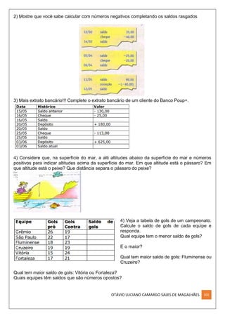 OTÁVIO LUCIANO CAMARGO SALES DE MAGALHÃES XXI
2) Mostre que você sabe calcular com números negativos completando os saldos rasgados
3) Mais extrato bancário!!! Complete o extrato bancário de um cliente do Banco Poup+.
4) Considere que, na superfície do mar, a alti altitudes abaixo da superfície do mar e números
positivos para indicar altitudes acima da superfície do mar. Em que altitude está o pássaro? Em
que altitude está o peixe? Que distância separa o pássaro do peixe?
4) Veja a tabela de gols de um campeonato.
Calcule o saldo de gols de cada equipe e
responda.
Qual equipe tem o menor saldo de gols?
E o maior?
Qual tem maior saldo de gols: Fluminense ou
Cruzeiro?
Qual tem maior saldo de gols: Vitória ou Fortaleza?
Quais equipes têm saldos que são números opostos?
 
