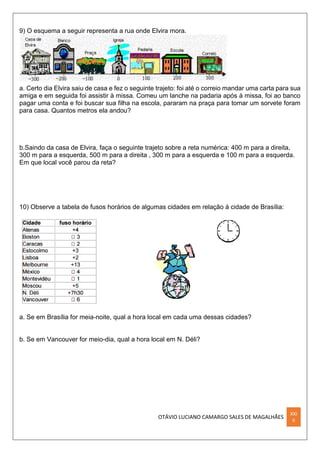 OTÁVIO LUCIANO CAMARGO SALES DE MAGALHÃES
XXI
II
9) O esquema a seguir representa a rua onde Elvira mora.
a. Certo dia Elvira saiu de casa e fez o seguinte trajeto: foi até o correio mandar uma carta para sua
amiga e em seguida foi assistir à missa. Comeu um lanche na padaria após à missa, foi ao banco
pagar uma conta e foi buscar sua filha na escola, pararam na praça para tomar um sorvete foram
para casa. Quantos metros ela andou?
b.Saindo da casa de Elvira, faça o seguinte trajeto sobre a reta numérica: 400 m para a direita,
300 m para a esquerda, 500 m para a direita , 300 m para a esquerda e 100 m para a esquerda.
Em que local você parou da reta?
10) Observe a tabela de fusos horários de algumas cidades em relação à cidade de Brasília:
a. Se em Brasília for meia-noite, qual a hora local em cada uma dessas cidades?
b. Se em Vancouver for meio-dia, qual a hora local em N. Déli?
 