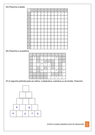 OTÁVIO LUCIANO CAMARGO SALES DE MAGALHÃES
XX
VIII
25) Preencha a tabela:
26) Preencha a cruzadinha:
27) A seguinte pirâmide pode ser aditiva, multiplicativa, subtrativa ou de divisão. Preencha:
 
