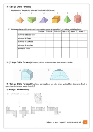 OTÁVIO LUCIANO CAMARGO SALES DE MAGALHÃES LII
10) (Colégio Ofélia Fonseca)
1) Quais destas figuras são prismas? Quais são pirâmides?
2) Observando os sólidos geométricos representados no exercício 1, complete a tabela abaixo:
Sólido A Sólido B Sólido C Sólido D Sólido E Sólido F
número lados da base
número de faces
número de vértices
número de arestas
Nome do sólido
11) (Colégio Ofélia Fonseca) Escreva quantas faces,arestas e vértices tem o sólido:
12) (Colégio Ofélia Fonseca) Para fazer a armação de um cubo foram gastos 60cm de arame. Qual o
comprimento de cada aresta do cubo?
13) (Colégio Ofélia Fonseca)
 