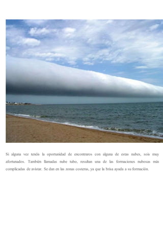 Si alguna vez tenéis la oportunidad de encontraros con alguna de estas nubes, sois muy
afortunados. También llamadas nube tubo, resultan una de las formaciones nubosas más
complicadas de avistar. Se dan en las zonas costeras, ya que la brisa ayuda a su formación.
 