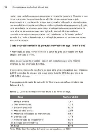 reator, mas também como pré-aquecedor e recipiente durante a filtração, o que
torna o processo descontínuo demorado. No processo contínuo, o pré-
aquecimento e o resfriamento podem ser efetuados utilizando a troca de calor,
que possibilita economia energética e melhor utilização do equipamento. Existe
uma variedaade de sistemas que visam a hidrogenação contínua na forma de
uma série de tanques reatores com agitação vertical. Outros modelos
consistem em colunas empacotadas com catalizador na forma de “pellets”,
através dos quais o óleo de soja e o hidrogênio passam no mesmo sentido ou
em contracorrente.
Custo de processamento de produtos derivados da soja farelo e óleo
A fabricação do óleo refinado de soja a partir do grão se processa em duas
etapas: extração e refino.
Essas duas etapas do processo podem ser executadas por uma mesma
empresa ou por empresas distintas.
O custo de extração do óleo bruto de soja para uma esmagadora que processa
2.000 toneladas de soja por dia e que opera durante 300 dias por ano é de
US$ 8,10/t de soja.
A composição do custo de extração do óleo bruto e de refino constam nas
Tabelas 2 e 3.
Tabela 2. Custo da extração do óleo bruto e do farelo de soja.
Itens Custos US$/t
1. Energia elétrica
2. Óleo combustível
3. Solvente (hexano)
4. Mão-de-obra direta
5. Materiais e despesas de manutenção
6. Depreciação
7. Remuneração do investimento
8. Serviços administrativos
9. Total
1,51
1,37
0,76
2,09
0,61
1,13
0,38
0,25
8,10
Fonte: Média das informações de 5 empresas esmagadoras, em 1999.
34 Tecnologia para produção do óleo de soja
 