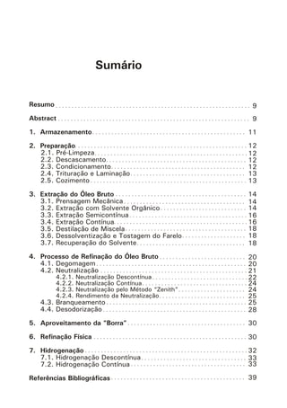 Sumário
Resumo
Abstract
1. Armazenamento
2. Preparação
2.1. Pré-Limpeza
2.2. Descascamento
2.3. Condicionamento
2.4. Trituração e Laminação
2.5. Cozimento
3. Extração do Óleo Bruto
3.1. Prensagem Mecânica
3.2. Extração com Solvente Orgânico
3.3. Extração Semicontínua
3.4. Extração Contínua
3.5. Destilação de Miscela
3.6. Dessolventização e Tostagem do Farelo
3.7. Recuperação do Solvente
4. Processo de Refinação do Óleo Bruto
4.1. Degomagem
4.2. Neutralização
4.2.1. Neutralização Descontínua
4.2.2. Neutralização Contínua
4.2.3. Neutralização pelo Método “Zenith”
4.2.4. Rendimento da Neutralização
4.3. Branqueamento
4.4. Desodorização
5. Aproveitamento da “Borra”
6. Refinação Física
7. Hidrogenação
7.1. Hidrogenação Descontínua
7.2. Hidrogenação Contínua
Referências Bibliográficas
9
9
11
12
12
12
12
13
13
14
14
14
16
16
18
18
18
20
20
21
22
24
24
25
25
28
30
30
32
33
39
33
 