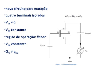 novo circuito para extração quatro terminais isolados V SB  ≠ 0 V DS  constante região de operação:  linear V GB  constante G no  ≠ g mg   