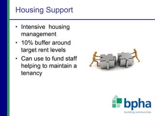 Housing Support
• Intensive housing
management
• 10% buffer around
target rent levels
• Can use to fund staff
helping to maintain a
tenancy
 