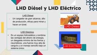 LHD Diésel y LHD Eléctrico
LHD Diésel
● Un cargador de gran alcance, alto
de producción, eficaz para minar y
hacer un túnel.
LHD Eléctrico
• Es un equipo hidrostático y combina
las ventajas del ahorro de energía,
un desgaste mínimo de los frenos y
neumáticos, una fuerza muy alta de
carguío y un manejo sencillo bajo un
sistema único.
LHD Diésel
LHD ELÉCTRICO
 