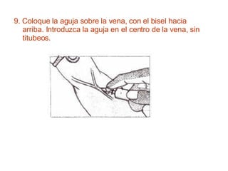 9. Coloque la aguja sobre la vena, con el bisel hacia arriba. Introduzca la aguja en el centro de la vena, sin titubeos.  