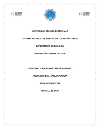 UNIVERSIDAD TÉCNICA DE MACHALA

SISTEMA NACIONAL DE NIVELACIÓN Y ADMISIÓN (SNNA)

EXPERIMENTO DE BIOLOGÍA

EXTRACCIÓN CASERA DEL ADN

ESTUDIANTE: BIANCA ONTANEDA VÁSQUEZ

PROFESOR: Bioq. CARLOS GARCÍA

AREA DE SALUD V01

MACHAL- EL ORO

 