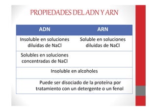 ADN ARN
Insoluble en soluciones
diluidas de NaCl
Soluble en soluciones
diluidas de NaCl
Solubles en soluciones
concentradas de NaCl
Insoluble en alcoholes
Puede ser disociado de la proteína por
tratamiento con un detergente o un fenol
PROPIEDADESDELADNYARN
 