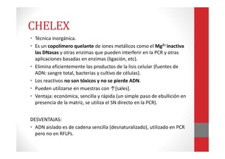 CHELEX
• Técnica inorgánica.
• Es un copolímero quelante de iones metálicos como el Mg2+ inactiva
las DNasas y otras enzimas que pueden interferir en la PCR y otras
aplicaciones basadas en enzimas (ligación, etc).
• Elimina eficientemente los productos de la lisis celular (fuentes de
ADN: sangre total, bacterias y cultivo de células).
• Los reactivos no son tóxicos y no se pierde ADN.
• Pueden utilizarse en muestras con ↑[sales].
• Ventaja: económica, sencilla y rápida (un simple paso de ebullición en
presencia de la matriz, se utiliza el SN directo en la PCR).
DESVENTAJAS:
• ADN aislado es de cadena sencilla (desnaturalizado), utilizado en PCR
pero no en RFLPs.
 