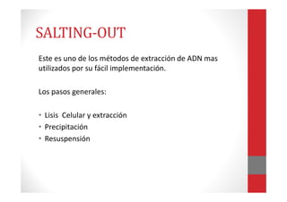 Este es uno de los métodos de extracción de ADN mas
utilizados por su fácil implementación.
Los pasos generales:
• Lisis Celular y extracción
• Precipitación
• Resuspensión
SALTING-OUT
 