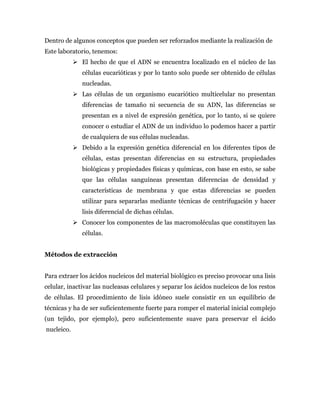 Dentro de algunos conceptos que pueden ser reforzados mediante la realización de
Este laboratorio, tenemos:
 El hecho de que el ADN se encuentra localizado en el núcleo de las
células eucarióticas y por lo tanto solo puede ser obtenido de células
nucleadas.
 Las células de un organismo eucariótico multicelular no presentan
diferencias de tamaño ni secuencia de su ADN, las diferencias se
presentan es a nivel de expresión genética, por lo tanto, si se quiere
conocer o estudiar el ADN de un individuo lo podemos hacer a partir
de cualquiera de sus células nucleadas.
 Debido a la expresión genética diferencial en los diferentes tipos de
células, estas presentan diferencias en su estructura, propiedades
biológicas y propiedades físicas y químicas, con base en esto, se sabe
que las células sanguíneas presentan diferencias de densidad y
características de membrana y que estas diferencias se pueden
utilizar para separarlas mediante técnicas de centrifugación y hacer
lisis diferencial de dichas células.
 Conocer los componentes de las macromoléculas que constituyen las
células.
Métodos de extracción
Para extraer los ácidos nucleicos del material biológico es preciso provocar una lisis
celular, inactivar las nucleasas celulares y separar los ácidos nucleicos de los restos
de células. El procedimiento de lisis idóneo suele consistir en un equilibrio de
técnicas y ha de ser suficientemente fuerte para romper el material inicial complejo
(un tejido, por ejemplo), pero suficientemente suave para preservar el ácido
nucleico.
 