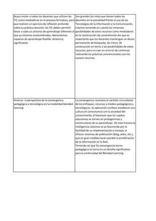 Busca invitar a todos los docentes que utilizan las
TIC como mediadoras en el proceso formativo, para
que realicen un ejercicio de reflexión profundo
sobre su práctica docente, las TIC deben permitir
llevar a cabo un proceso de aprendizaje diferente al
que ya estamos acostumbrados. Necesitamos
espacios de aprendizaje flexible, dinámico,
significativo.
Son grandes los retos que tienen todos los
docentes en la actualidad frente al uso de las
Tecnologías de la Información y la Comunicación,
máxime teniendo en cuenta las inmensas
posibilidades de estos recursos como mediadores
en la construcción de conocimiento.Así que es
importante que los docentes mantengan un deseo
permanente de búsqueda, de crítica, de
construcción en torno a las posibilidades de estos
recursos, para no caer en el error de continuar
realizando las prácticas convencionales con los
nuevos recursos.
Analizar la perspectiva de la convergencia
pedagógica y tecnológica en la modalidad blended
learning
La convergencia reconoce el carácter circundante
de los enfoques, recursos y medios pedagógicos y
tecnológicos. Su aplicación conlleva establecer una
cultura en consonancia con la sociedad del
conocimiento, al favorecer que los sujetos
educativos se tornen en protagonistas y
constructores de su aprendizaje. De esta manera la
inteligencia colectiva se ve favorecida por la
facilidad de su implementación y manejo, al
ofrecer sistemas de publicación (blog, wikis, etc.),
que en gran medida hacen posible la proliferación
de la información en la Red.
Teniendo así que lla convergencia tecno-
pedagógica se torna en un desafío significativo
para la continuidad del Blended Learning
 