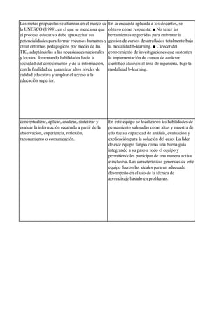 Las metas propuestas se afianzan en el marco de
la UNESCO (1998), en el que se menciona que
el proceso educativo debe aprovechar sus
potencialidades para formar recursos humanos y
crear entornos pedagógicos por medio de las
TIC, adaptándolas a las necesidades nacionales
y locales, fomentando habilidades hacia la
sociedad del conocimiento y de la información,
con la finalidad de garantizar altos niveles de
calidad educativa y ampliar el acceso a la
educación superior.
En la encuesta aplicada a los docentes, se
obtuvo como respuesta: ■ No tener las
herramientas requeridas para enfrentar la
gestión de cursos desarrollados totalmente bajo
la modalidad b-learning. ■ Carecer del
conocimiento de investigaciones que sustenten
la implementación de cursos de carácter
científico alusivos al área de ingeniería, bajo la
modalidad b-learning.
conceptualizar, aplicar, analizar, sintetizar y
evaluar la información recabada a partir de la
observación, experiencia, reflexión,
razonamiento o comunicación.
En este equipo se localizaron las habilidades de
pensamiento valoradas como altas y muestra de
ello fue su capacidad de análisis, evaluación y
explicación para la solución del caso. La líder
de este equipo fungió como una buena guía
integrando a su paso a todo el equipo y
permitiéndoles participar de una manera activa
e inclusiva. Las características generales de este
equipo fueron las ideales para un adecuado
desempeño en el uso de la técnica de
aprendizaje basado en problemas.
 