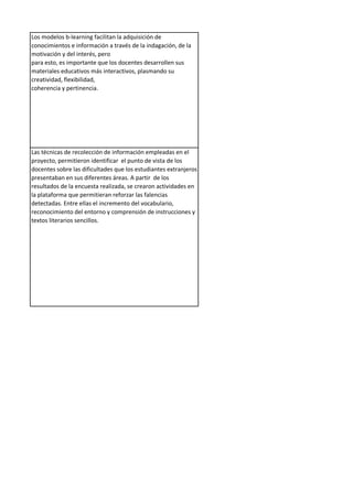 Los modelos b-learning facilitan la adquisición de
conocimientos e información a través de la indagación, de la
motivación y del interés, pero
para esto, es importante que los docentes desarrollen sus
materiales educativos más interactivos, plasmando su
creatividad, flexibilidad,
coherencia y pertinencia.
Las técnicas de recolección de información empleadas en el
proyecto, permitieron identificar el punto de vista de los
docentes sobre las dificultades que los estudiantes extranjeros
presentaban en sus diferentes áreas. A partir de los
resultados de la encuesta realizada, se crearon actividades en
la plataforma que permitieran reforzar las falencias
detectadas. Entre ellas el incremento del vocabulario,
reconocimiento del entorno y comprensión de instrucciones y
textos literarios sencillos.
 