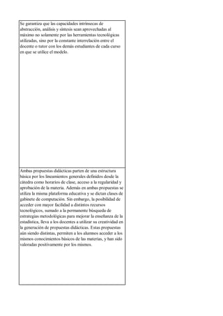 Se garantiza que las capacidades intrínsecas de
abstracción, análisis y síntesis sean aprovechadas al
máximo no solamente por las herramientas tecnológicas
utilizadas, sino por la constante interrelación entre el
docente o tutor con los demás estudiantes de cada curso
en que se utilice el modelo.
Ambas propuestas didácticas parten de una estructura
básica por los lineamientos generales definidos desde la
cátedra como horarios de clase, acceso a la regularidad y
aprobación de la materia. Además en ambas propuestas se
utiliza la misma plataforma educativa y se dictan clases de
gabinete de computación. Sin embargo, la posibilidad de
acceder con mayor facilidad a distintos recursos
tecnológicos, sumado a la permanente búsqueda de
estrategias metodológicas para mejorar la enseñanza de la
estadística, lleva a los docentes a utilizar su creatividad en
la generación de propuestas didácticas. Estas propuestas
aún siendo distintas, permiten a los alumnos acceder a los
mismos conocimientos básicos de las materias, y han sido
valoradas positivamente por los mismos.
 