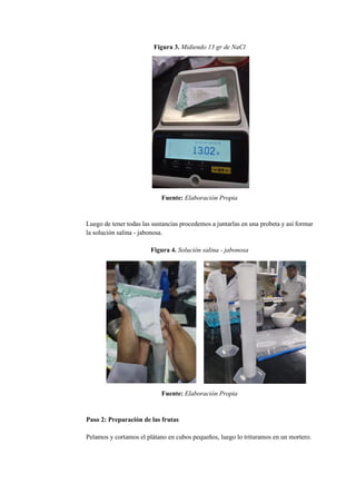 Figura 3. Midiendo 13 gr de NaCl
Fuente: Elaboración Propia
Luego de tener todas las sustancias procedemos a juntarlas en una probeta y así formar
la solución salina - jabonosa.
Figura 4. Solución salina - jabonosa
Fuente: Elaboración Propia
Paso 2: Preparación de las frutas
Pelamos y cortamos el plátano en cubos pequeños, luego lo trituramos en un mortero.
 